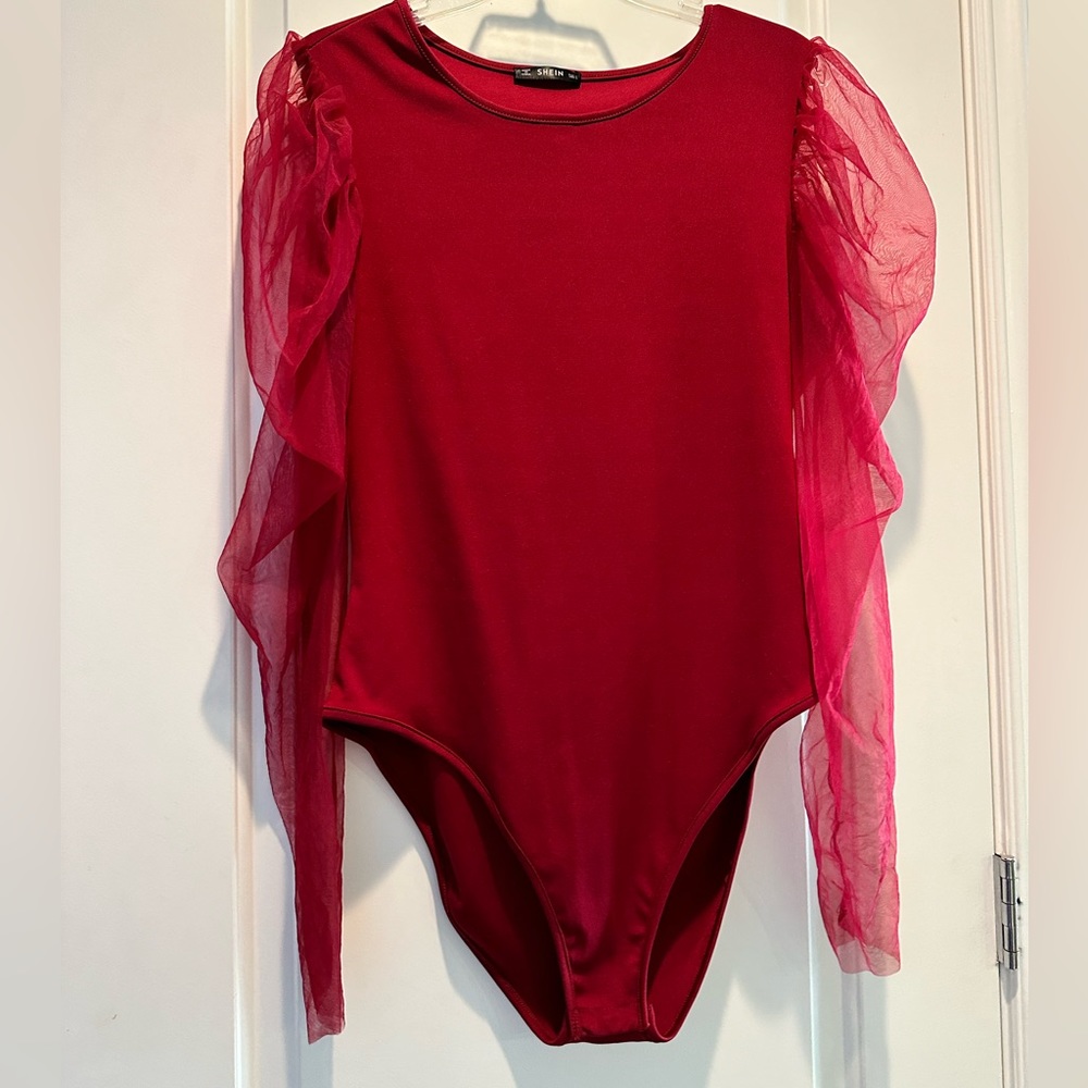 Maroon Sheer Sleeve Bodysuit